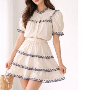 Stellah New York Eyelet Skirt Set Mini Outift 2pc NEW Butter Cream Navy Trim L